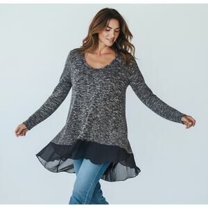 Charming Charlie Women’s MEDIUM Sweater Black Lightweight Knit Flounce Sheer Hem